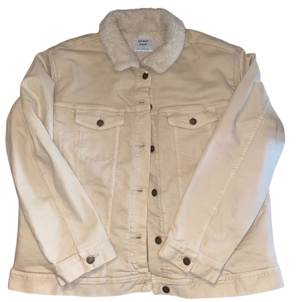 Old Navy Oversized Sherpa-Lined Boyfriend Off-White Jean Jacket for Women NEW